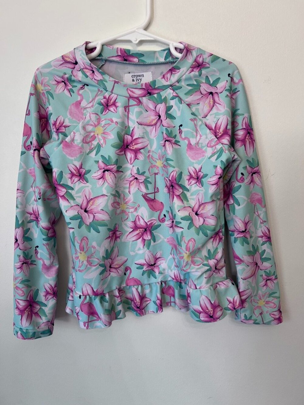 Crown & Ivy Girls Long Sleeve Flamingo & Floral Ruffle Rash Guard Swim Top - 6